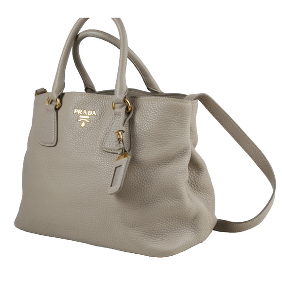 PRADA Vitello Daino Tote Taupe Gray Pebbled Grained Leather Shoulder Strap Bag - Picture 2 of 16